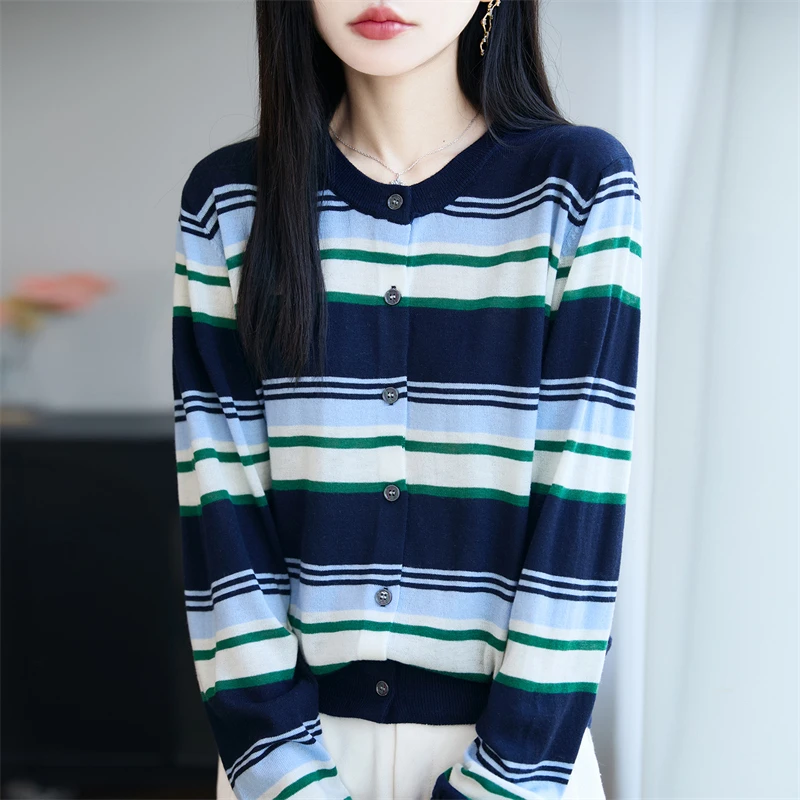 复古撞色条纹精纺羊毛针织开衫女士秋季新款拼色圆领显瘦长袖外套