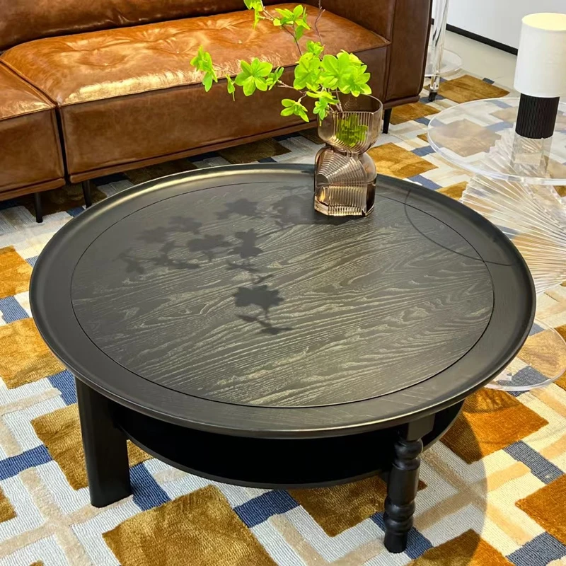 法式复古风实木圆形茶几小户型家用2024新款高级感白蜡木客厅茶几