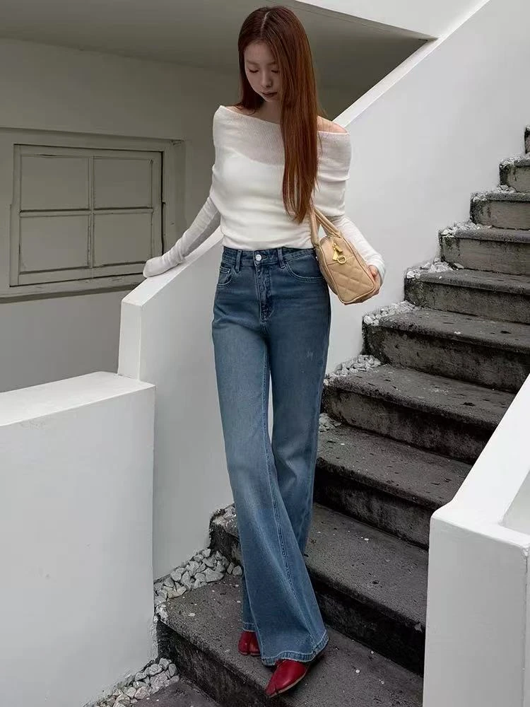 7497 蓝色显瘦百搭喇叭牛仔裤