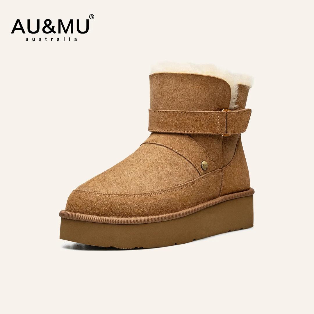 AUMU时尚百搭可爱雪地靴女皮毛一体加绒保暖防滑皮带扣短筒靴3113