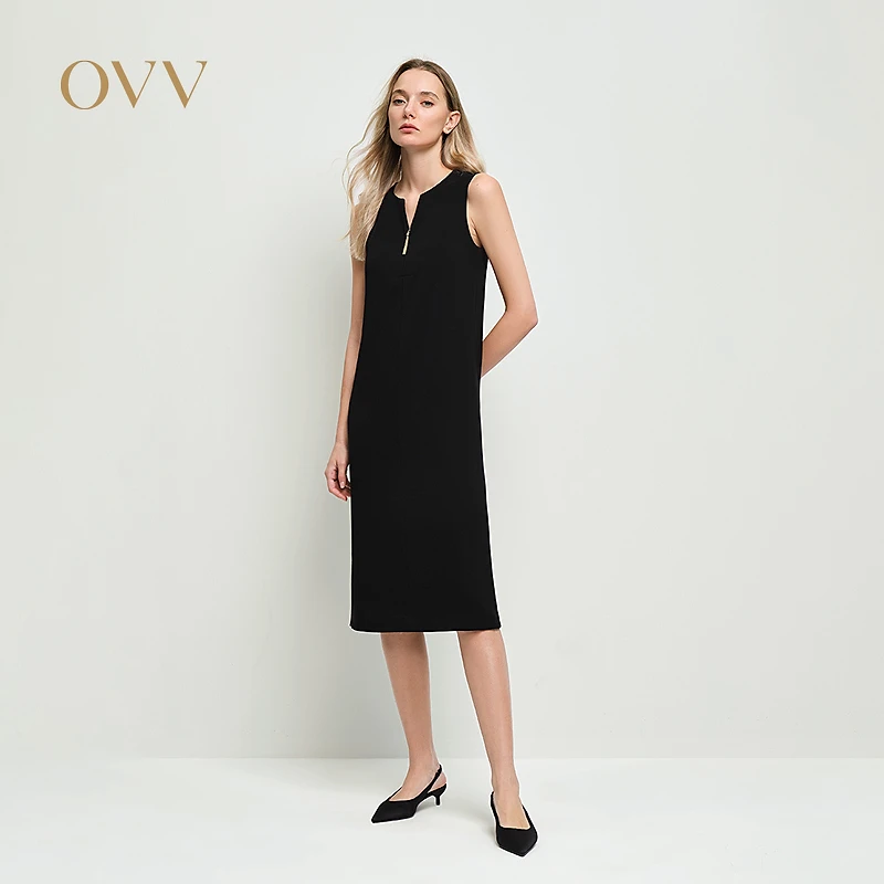 OVV25春夏新女装醋酸混纺金属流苏装饰直筒无袖连衣裙GQLWW25003A