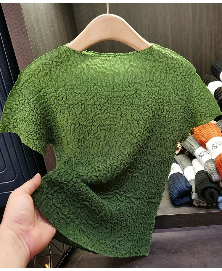 渐变色手捏褶皱圆领短袖T恤女夏季新款气质通勤百搭高端上衣