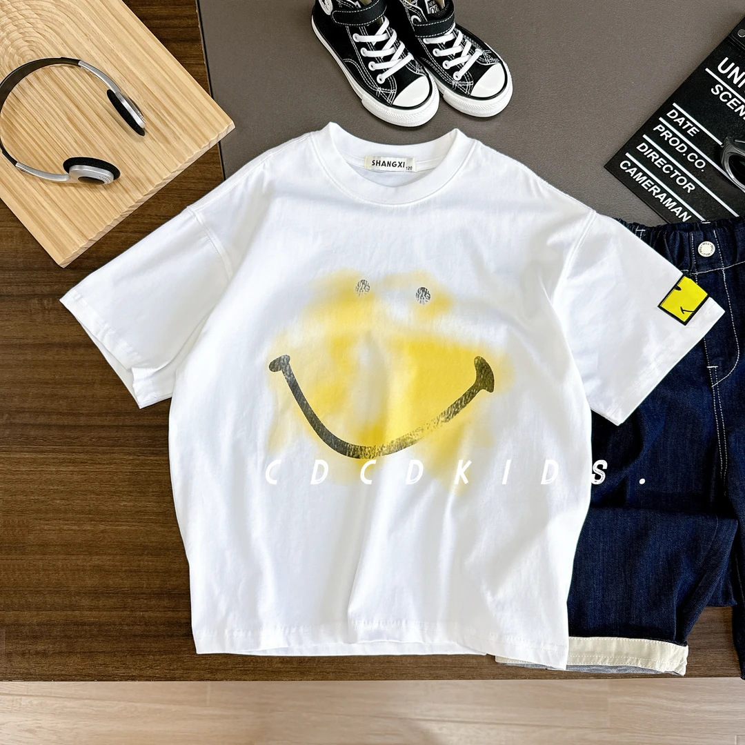 川度儿童夏季简约男女童笑脸无感印花短袖T恤夏装宽松百搭8235