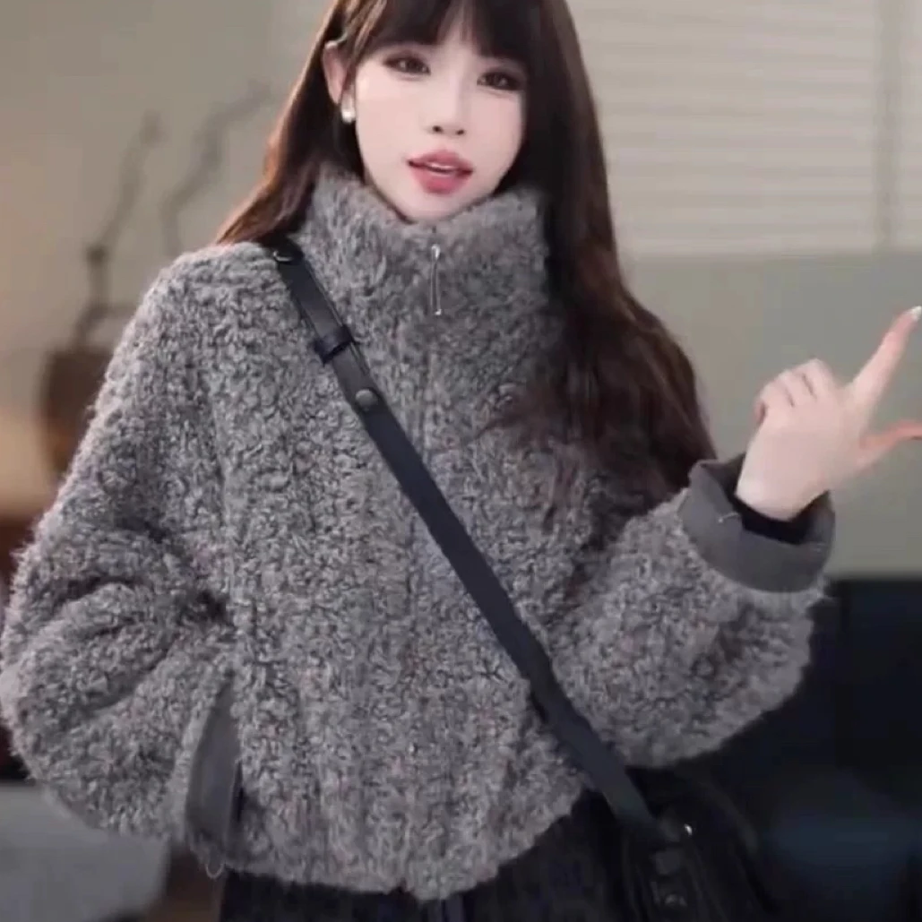 2025秋冬韩系立领拉链短外套百搭小个子洋气泰迪卷卷毛欧货外套女