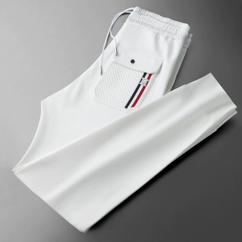 白色休闲运动裤男装夏季2025新高级感时尚口袋压花松紧腰男士卫裤