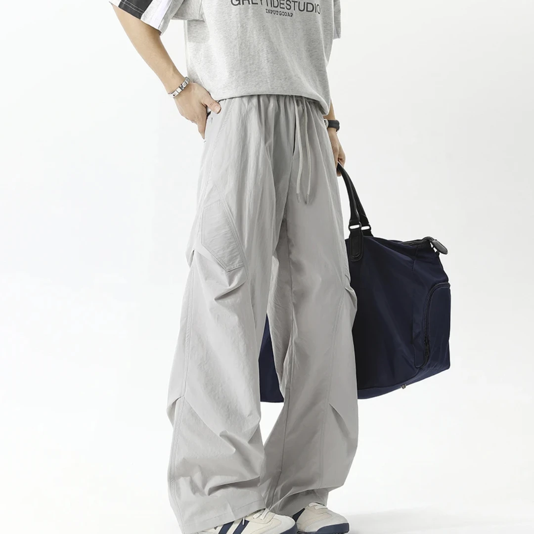 春夏速干百搭定制面料小方格工装休闲裤捏褶运动透气阔腿裤情侣