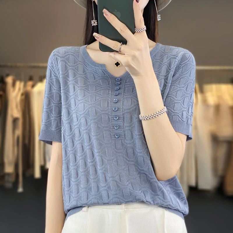 女装2025新款夏季V领针织小衫短袖T恤显瘦气质时尚百搭纯色上衣服