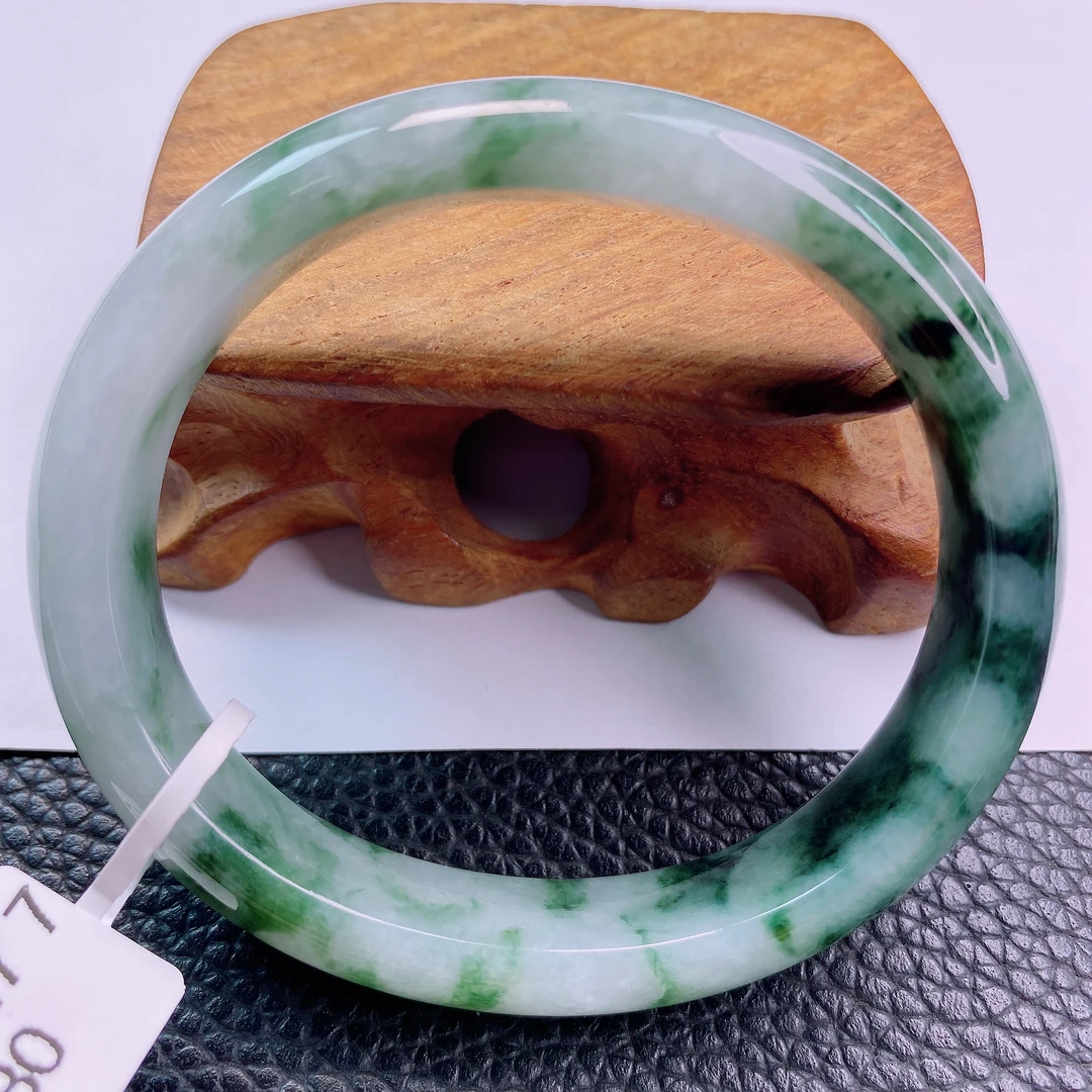 缅甸天然A货翡翠手镯55-56飘花贵妃手镯精美女款冰透飘绿女士少女