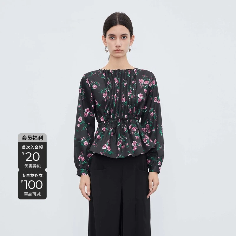 S·DEER圣迪奥黑色圆领印花时尚通勤百搭休闲长袖衬衫S233Z0576