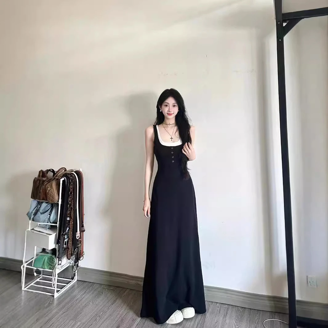 辣妹假两件设计感小众收腰显瘦a字长裙子黑色无袖吊带背心连衣裙