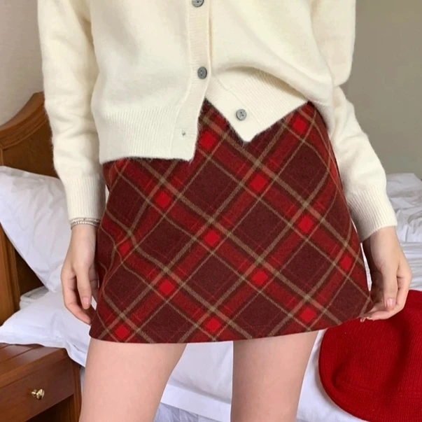 圣诞红加厚复古包臀毛呢半身裙女秋冬季半身裙女款爆款2025新款
