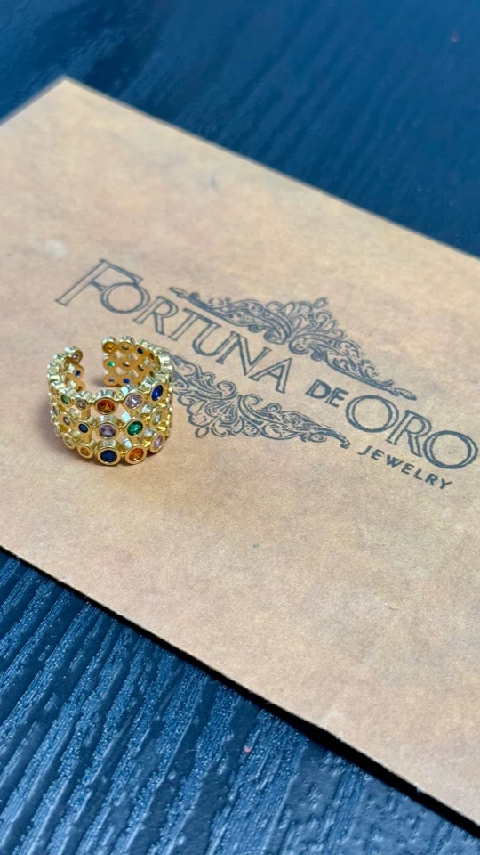 铜合金锆石戒指 65号欧美金色彩石元素戒指复古百搭黄色菱格戒指