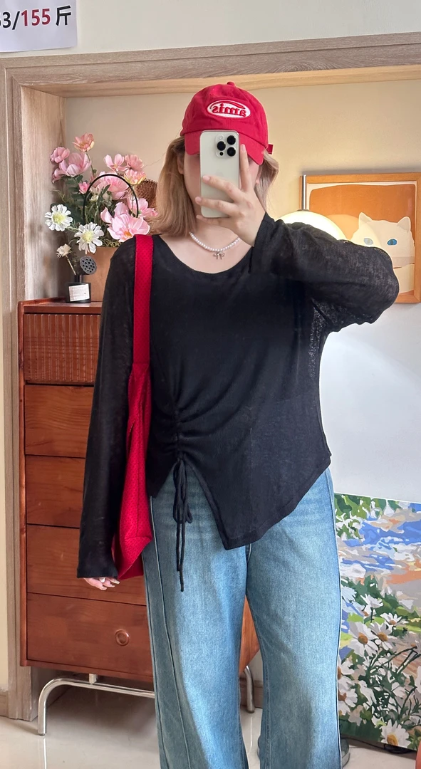 2025新款韩版宽松显瘦针织衫女长袖T恤抽绳凉凉衫