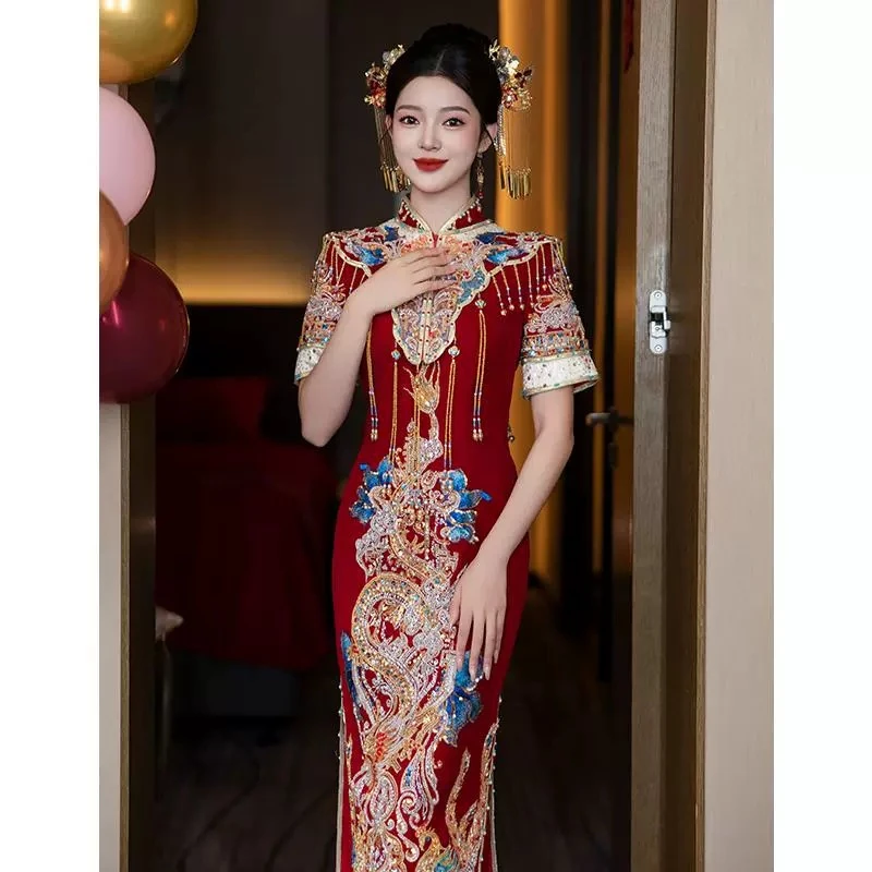 秀禾服婚服2025新款丝绒旗袍新中式嫁衣短袖结婚礼服连衣裙敬酒服