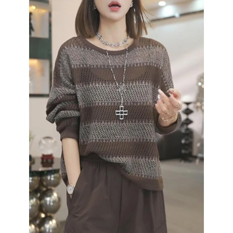 咖色条纹镂空针织衫女2025秋季新款复古慵懒软糯薄款毛衣百搭上衣