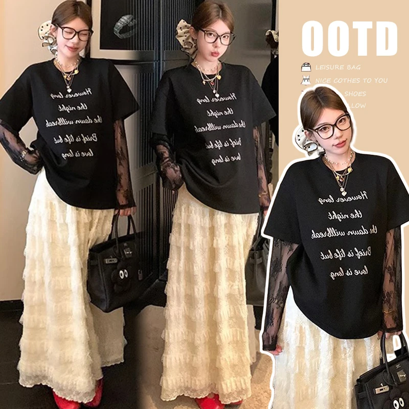 孕妇套装夏季新款气质韩系设计感假两件蕾丝T恤花边蛋糕裙两件套