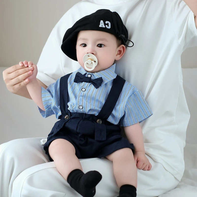 儿童套装夏季男宝宝衣服短袖衬衫背带裤两件套婴幼儿衣服周岁百天