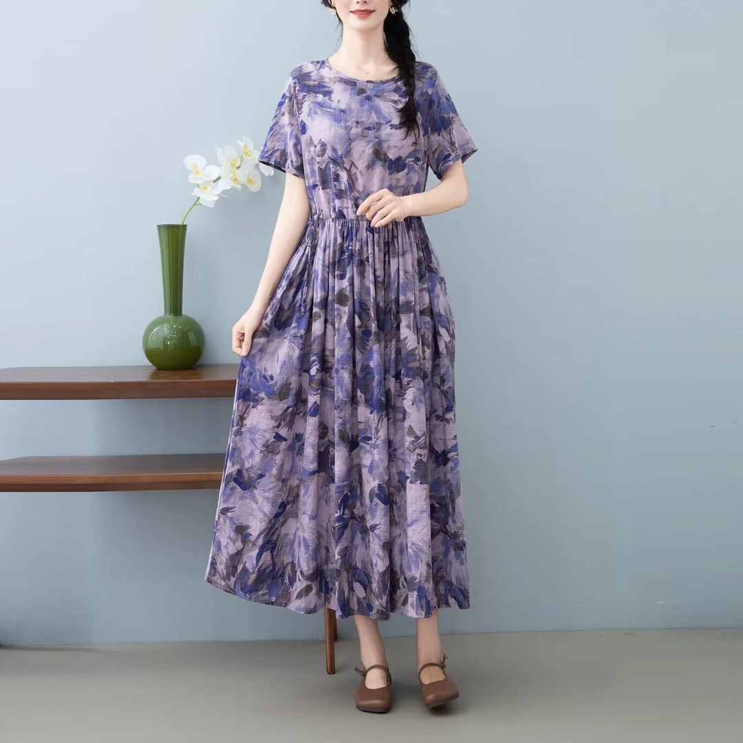 朵朵-夏季新款文艺复古收腰显瘦中长款气质棉麻碎花女装连衣裙子