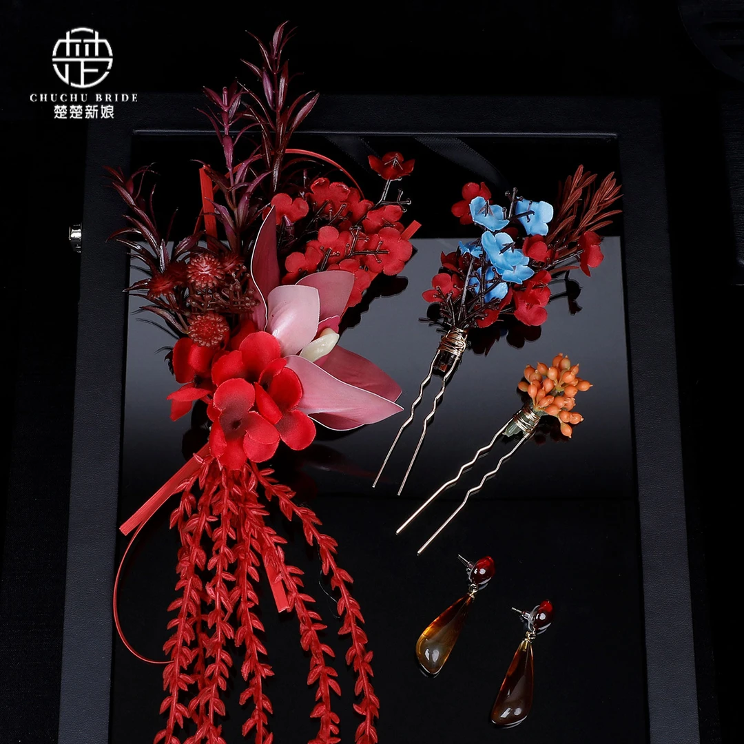 新中式新娘头饰红色花朵发夹红蓝小众饰品晨袍敬酒服订婚礼服配饰