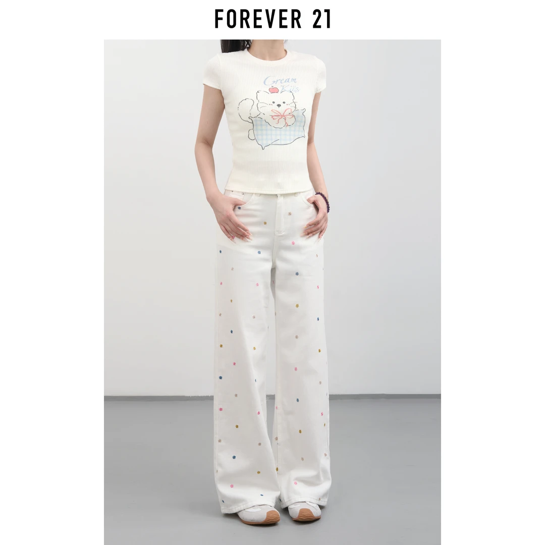 FOREVER 21/永恒 21高腰直筒裤甜酷刺绣夏季牛仔裤无弹力白色