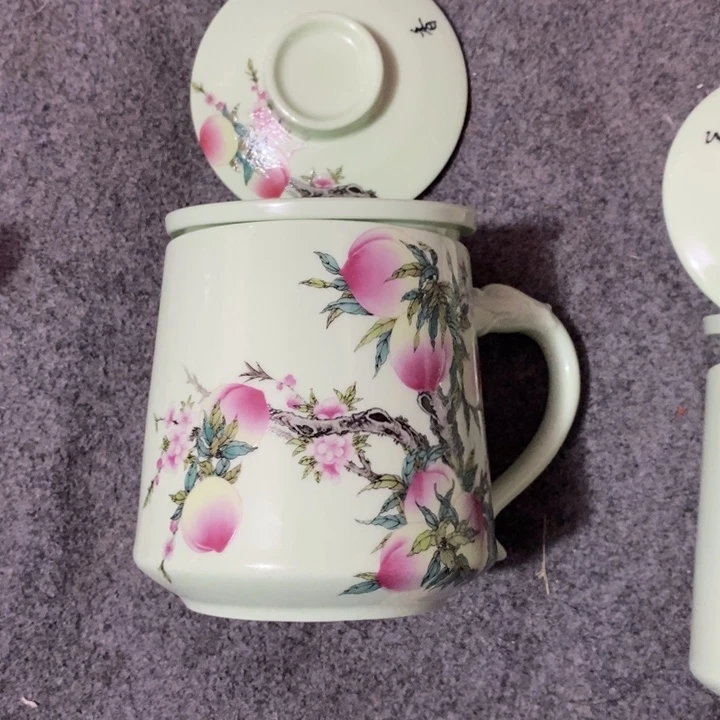 摆件陶绿稀土寿桃带过滤网雕刻龙把手办公杯