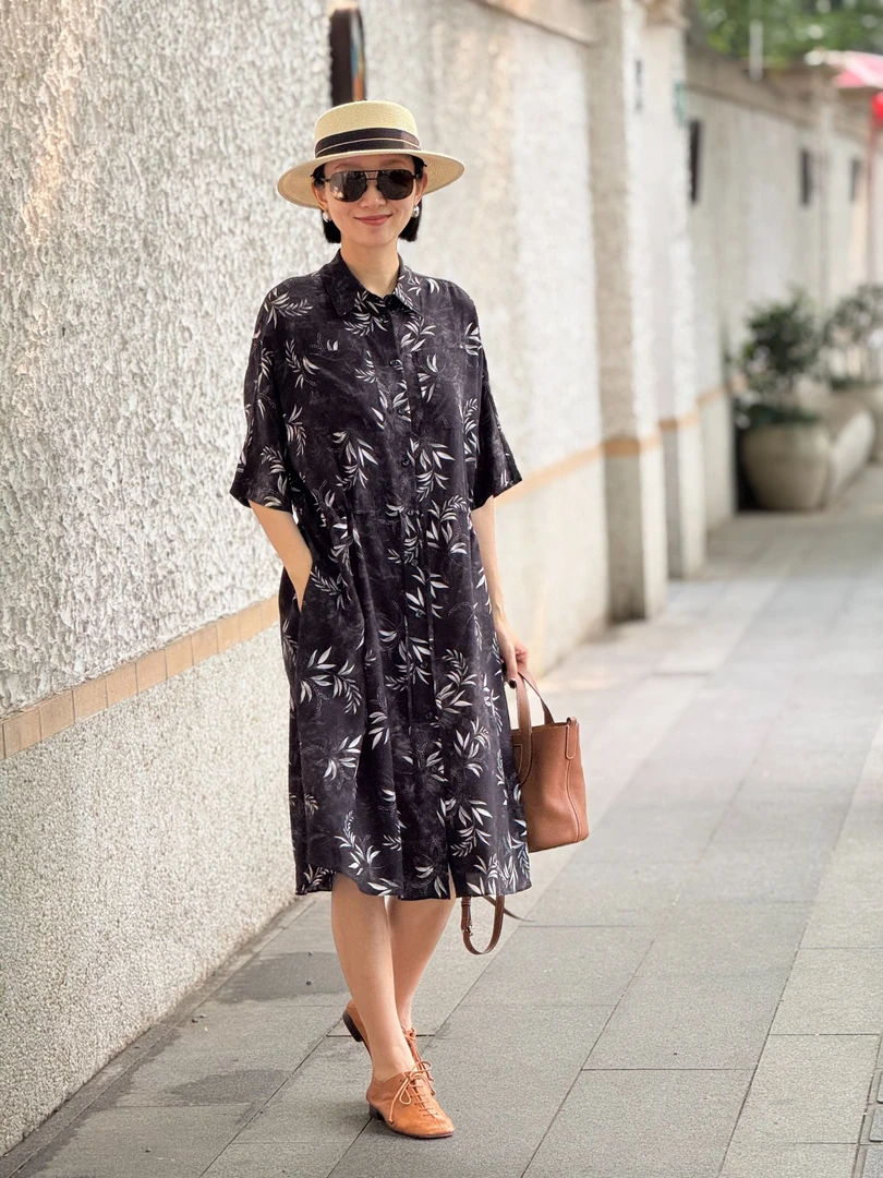 （YY推荐）松露竹影时尚夏季黑色宽松显瘦中长款收腰女士连衣裙