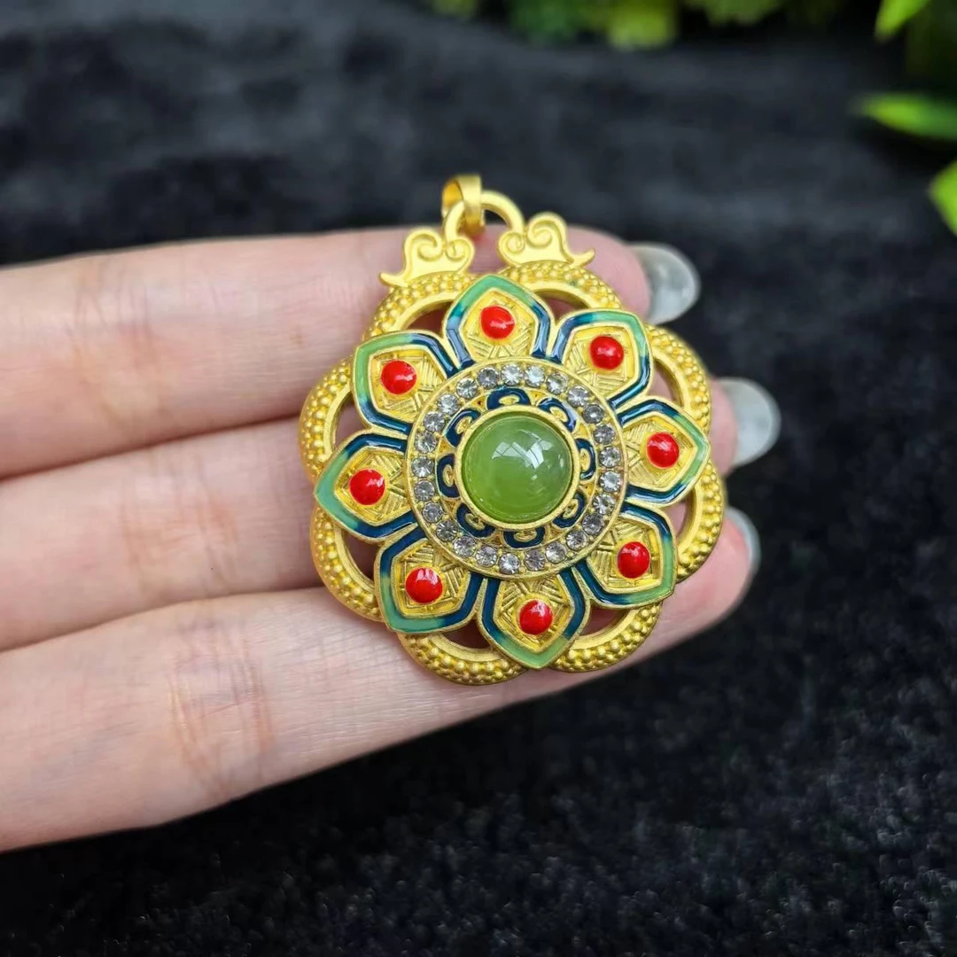 HT4608【福嘟嘟珠宝】粉睛猫眼和田玉碧玉太阳花吊坠-配绳-送礼佳品