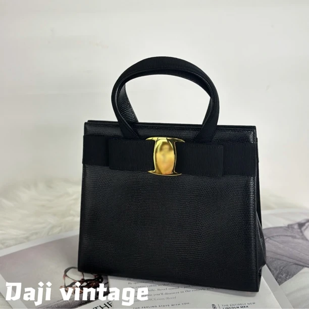 95新 FERRAGAMO/菲拉格慕 大吉中古3/菲拉格慕黑金蝴蝶结手提包