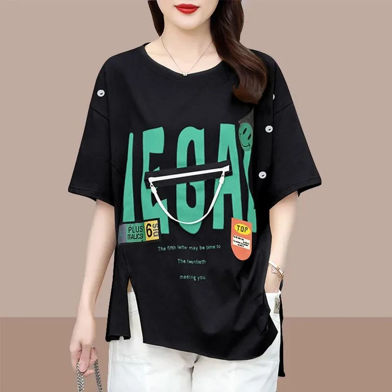 时尚洋气女夏季2025年新款大码设计感显瘦遮肉上衣女装潮短袖T恤