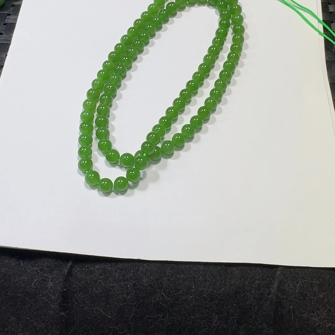 和田玉（碧玉）未镶嵌项链6mm80颗乌兰乌德苹果绿项链