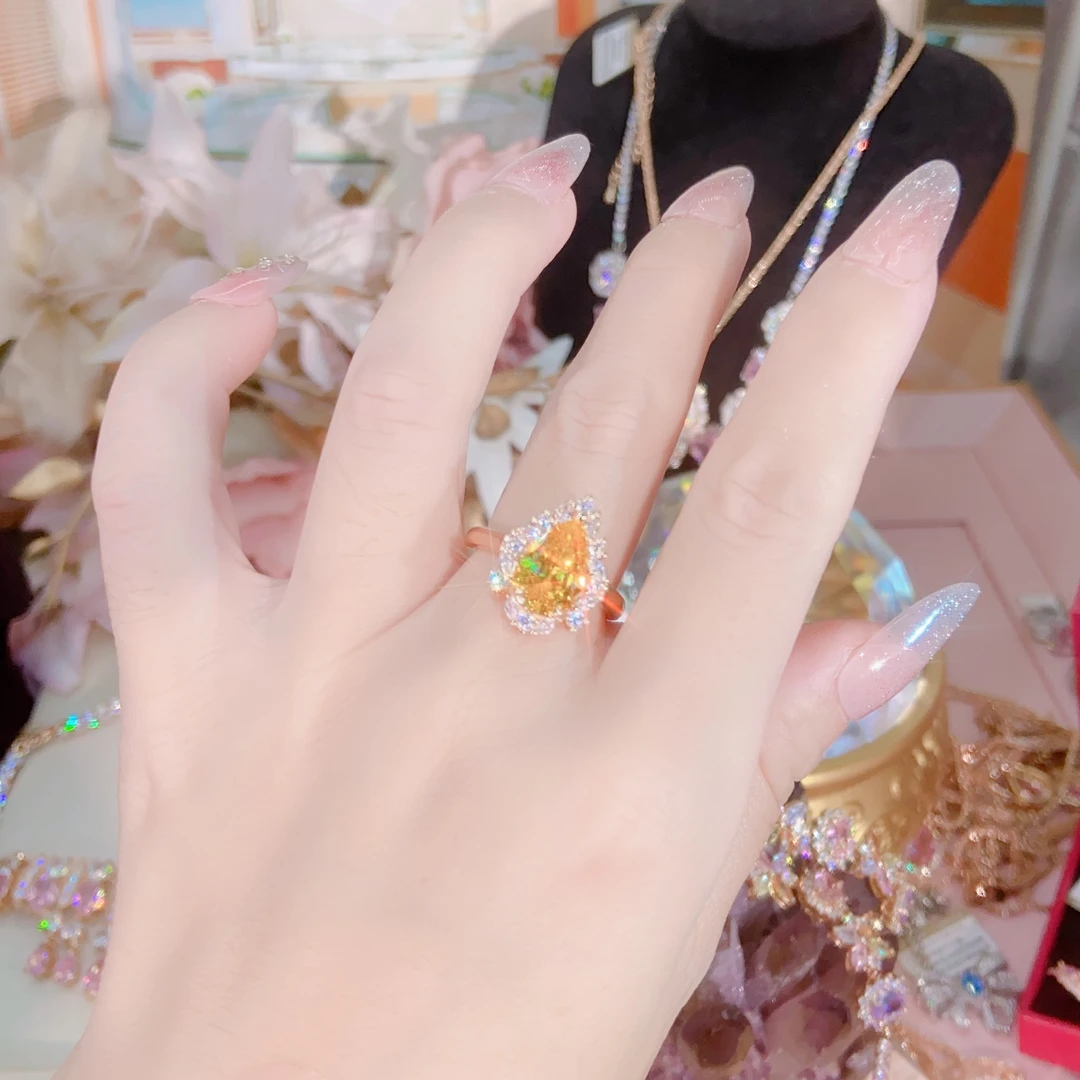 【本月上新】金丝黄戒指女神满钻香槟金色闪耀香高奢满镶可调节