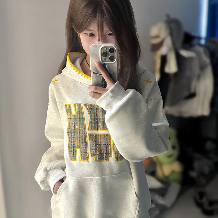 国潮牌字母印花连帽卫衣女秋冬加绒oversize美式复古慵懒风外套潮