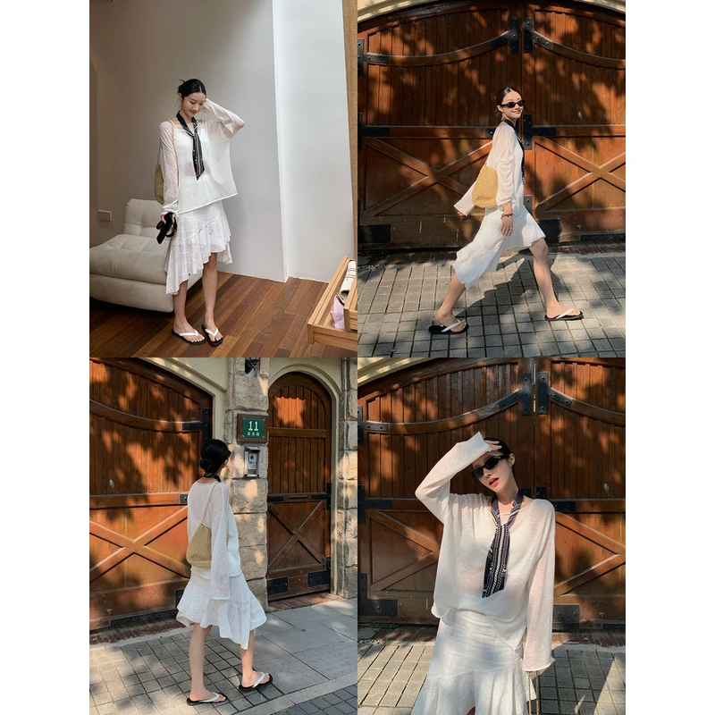 左边女装高腰宽松格纹长裙2025夏季新款不规则荷叶边半身裙