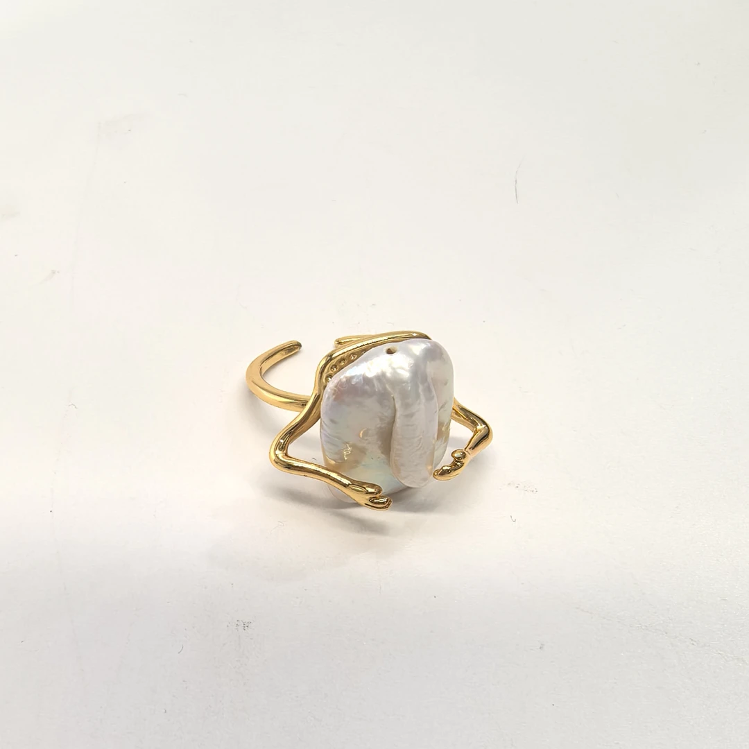 铜合金仿珍珠戒指 08148小手抱珠珠戒指异形不规则开口戒指