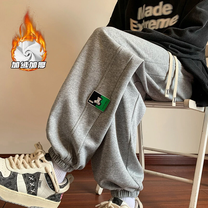 HK23822港风潮牌冬季保暖加绒加厚情侣百搭设计感魔术贴休闲卫裤