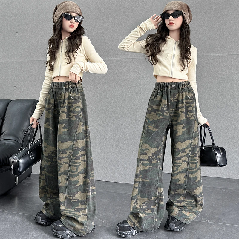 女童洋气迷彩阔腿裤春秋新款儿童宽松休闲直筒裤中大童百搭长裤子