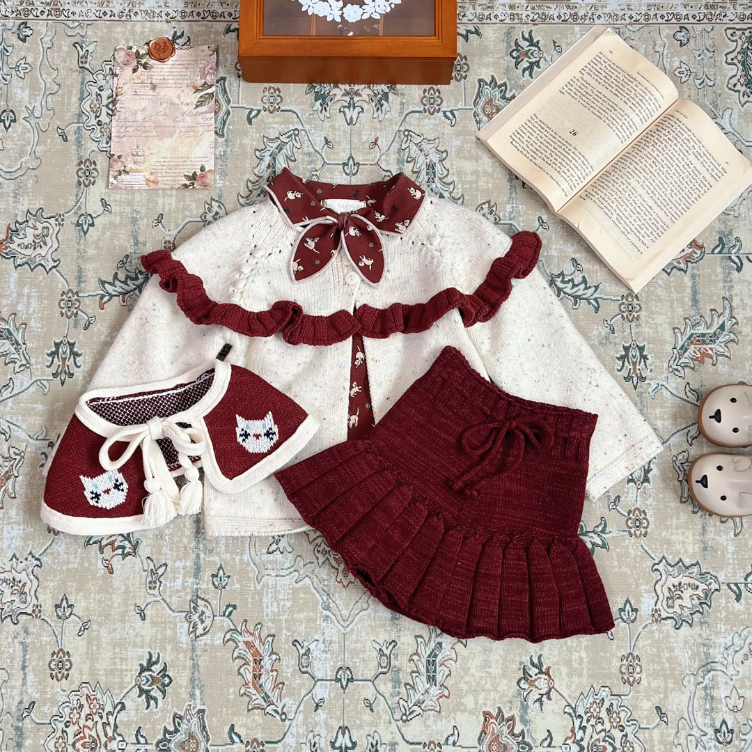 【中领开扣猫咪】秋冬男女童百搭长袖T恤毛衣针织开衫洋气童套装