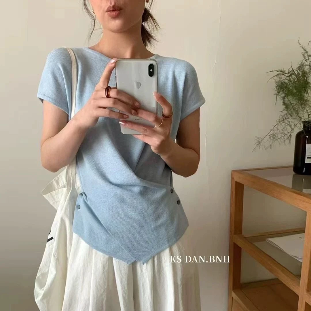 好看不规则交叉短袖收腰针织衫女设计感夏季新款显瘦百搭圆领上衣