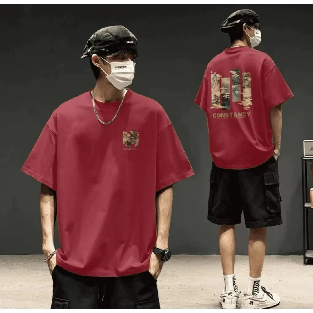 休闲衣服男装夏天春夏短袖T恤夏季时尚运动印花上衣宽松潮流简约
