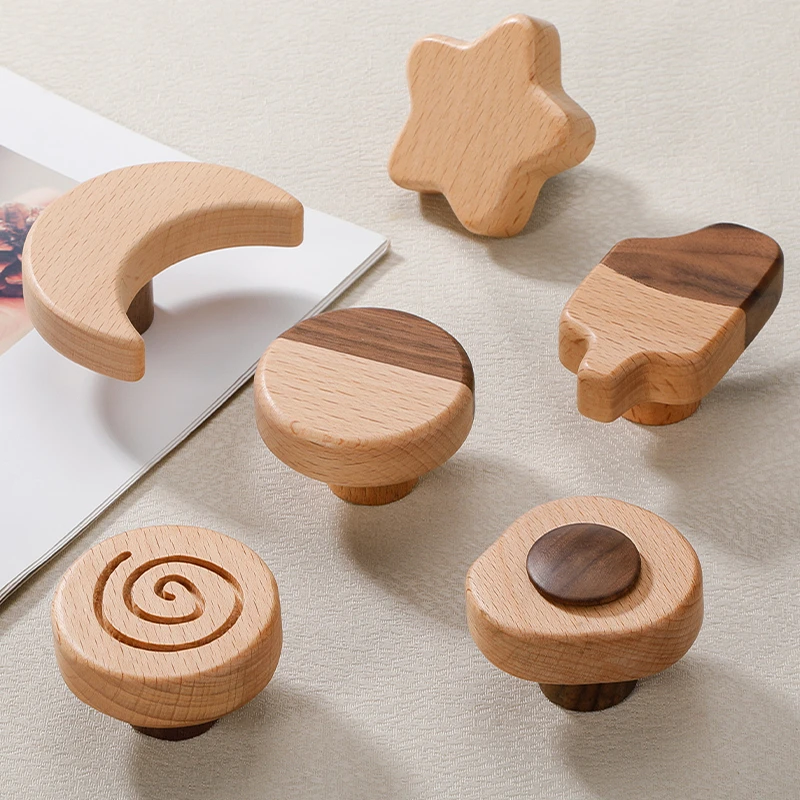 儿童房衣柜拉手实木橱柜抽屉实木创意原木色星星月亮柜门把手女孩