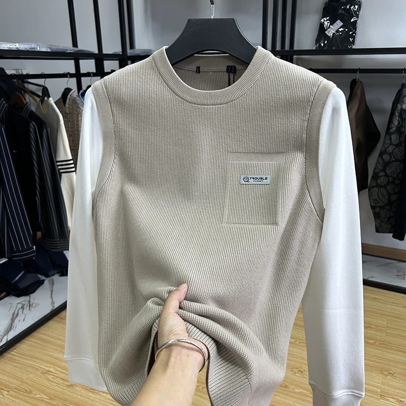 时尚休闲假两件包芯纱亲肤料圆领打底衫秋冬打底衫男 Y5T1792