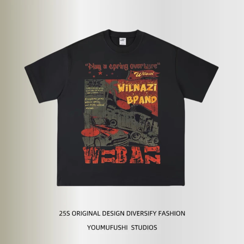 2025夏季新款美式复古短袖T恤男女小众情侣圆领宽松休闲印花潮T恤