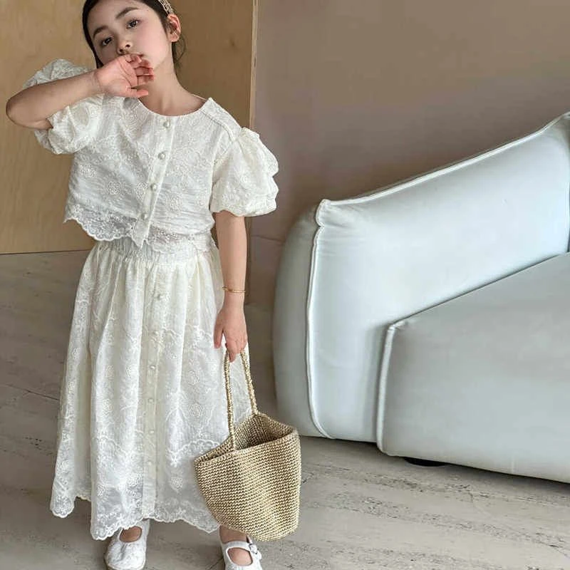 女童高定套装2025新款中大童重工刺绣娃娃衫夏季儿童半身裙两件套