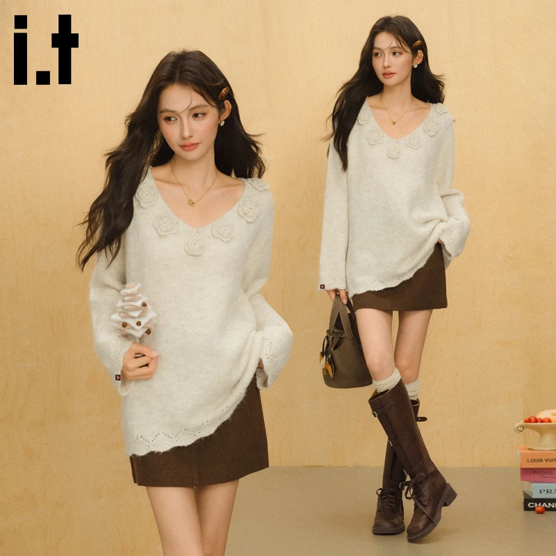i.t:CHOCOOLATE立体针织套头V领毛衣女秋冬新款宽松慵懒长版上衣