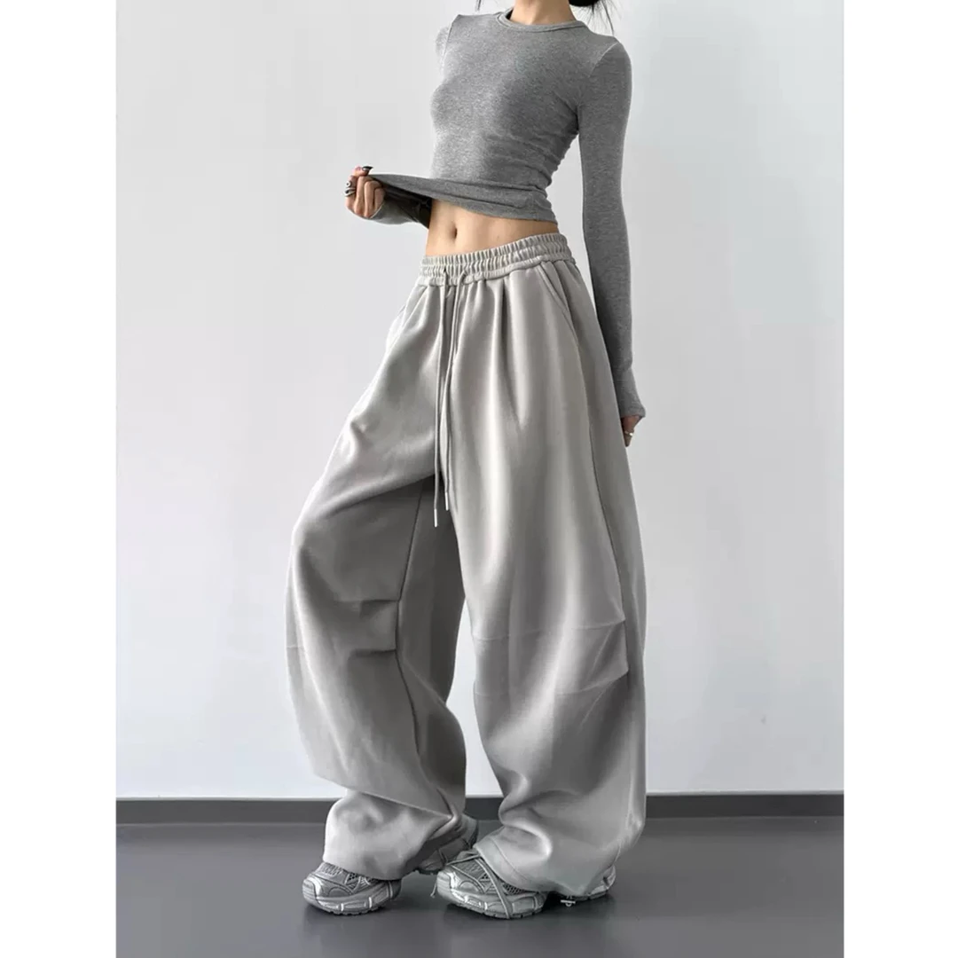 灰色降落伞运动裤女2025年秋冬装新款高腰高个子阔腿裤学生休闲裤