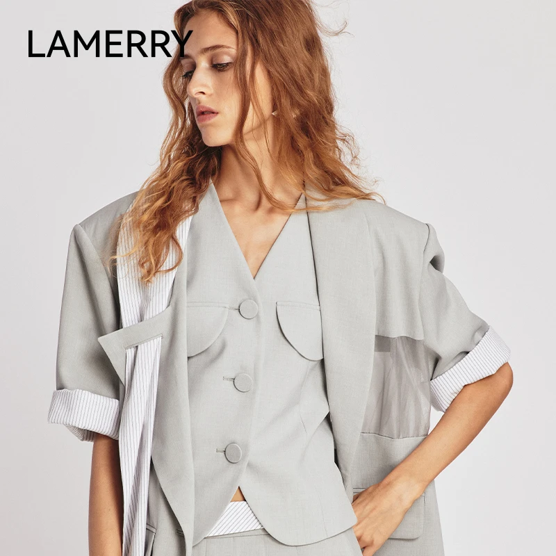 LAMERRY 灰色正肩小V领高级剪裁简约时尚百搭气质马夹女LWFS3W041
