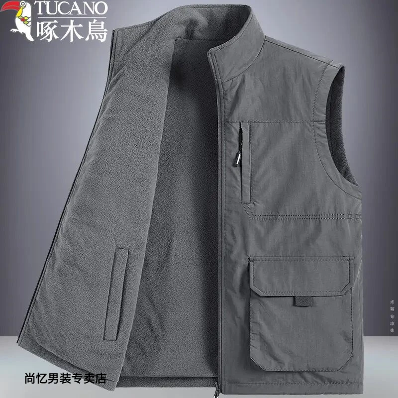 啄木鳥双面穿马甲男秋冬季宽松大码立领坎肩背心加厚摇粒绒男外套