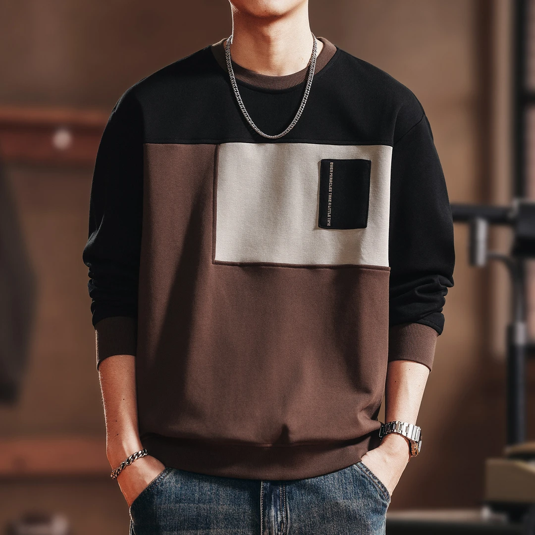 格蓝鹿高端美式复古拼色痞帅卫衣男潮牌宽松秋季新款圆领长袖上衣