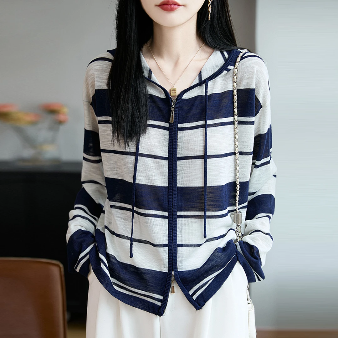 胖mm春秋大码外搭冰丝针织开衫女薄款2025早秋新款连帽毛衣短外套