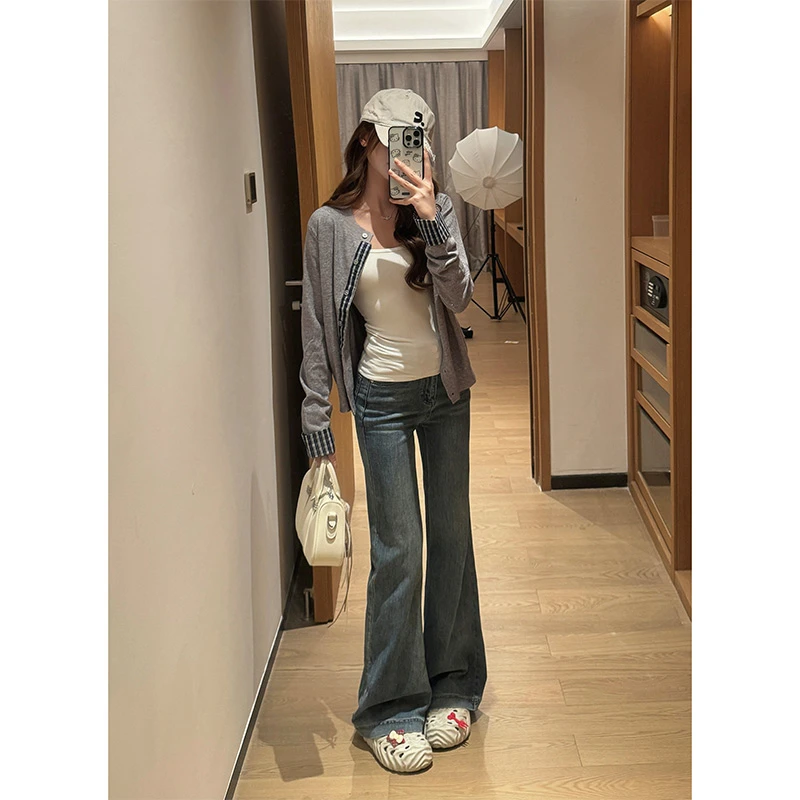 浅蓝高腰微喇牛仔裤女2025早秋薄款显瘦显高弹力垂感小个子喇叭裤